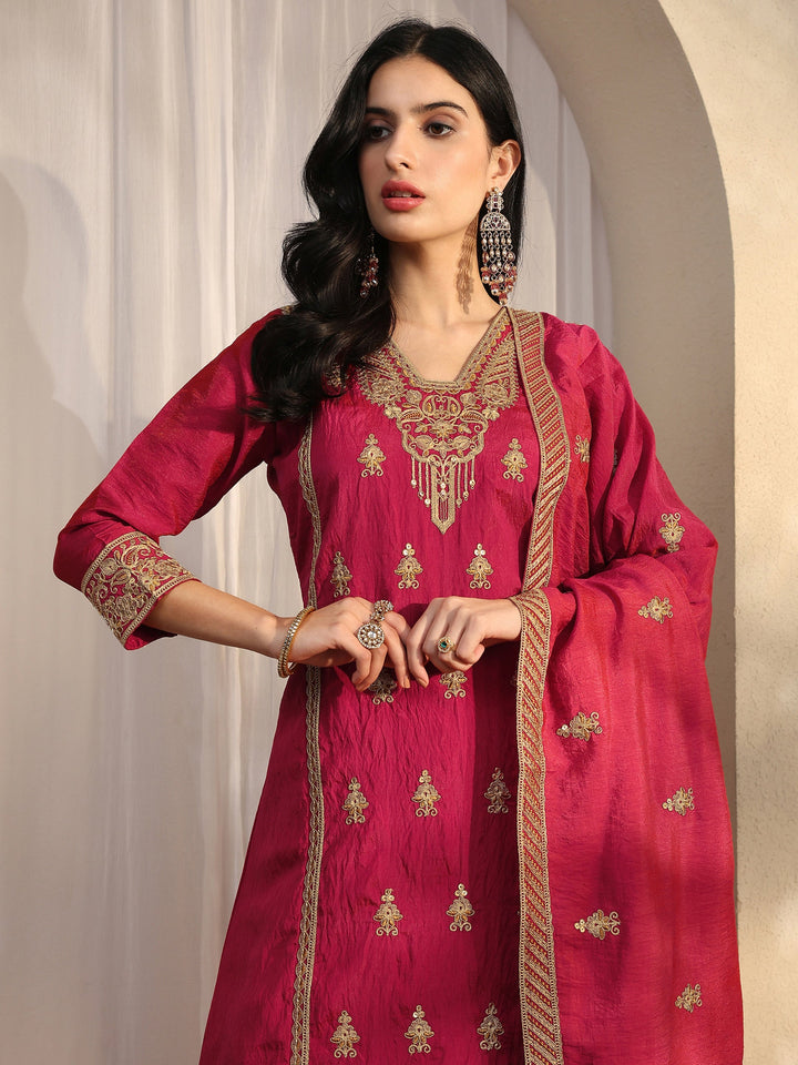 Pink Embroidered Silk Blend Straight Suit Set With Dupatta