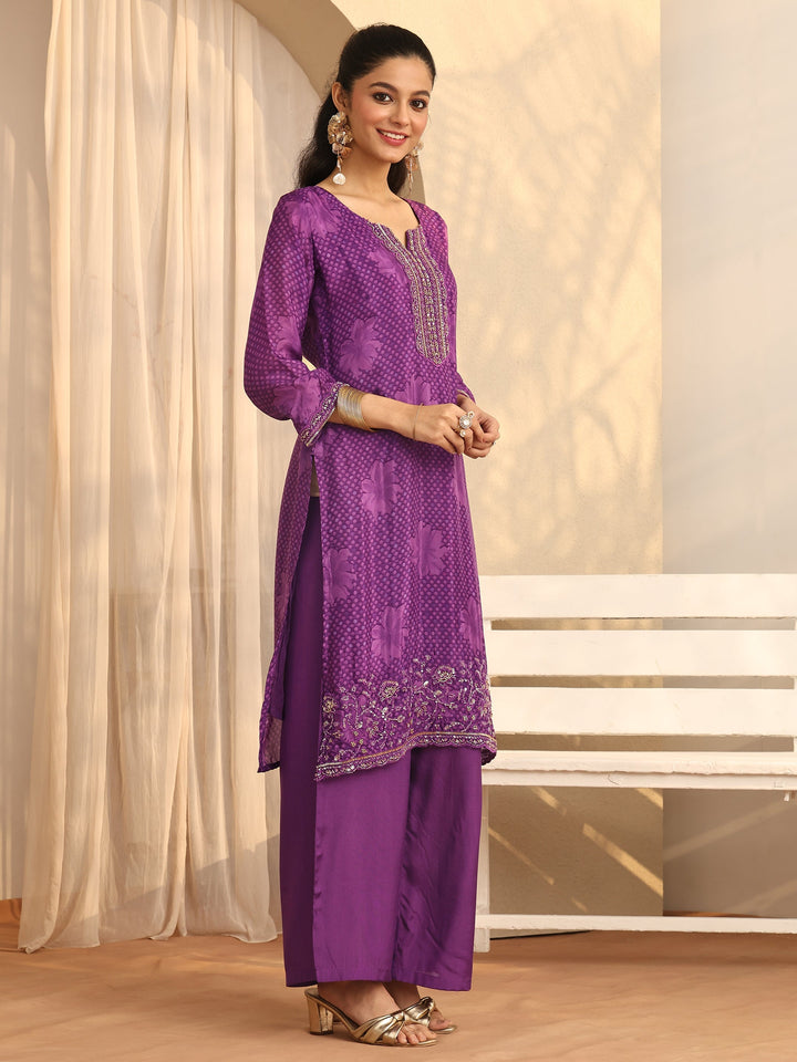 Libas Art Purple Printed Silk blend Straight Suit Set With Dupatta