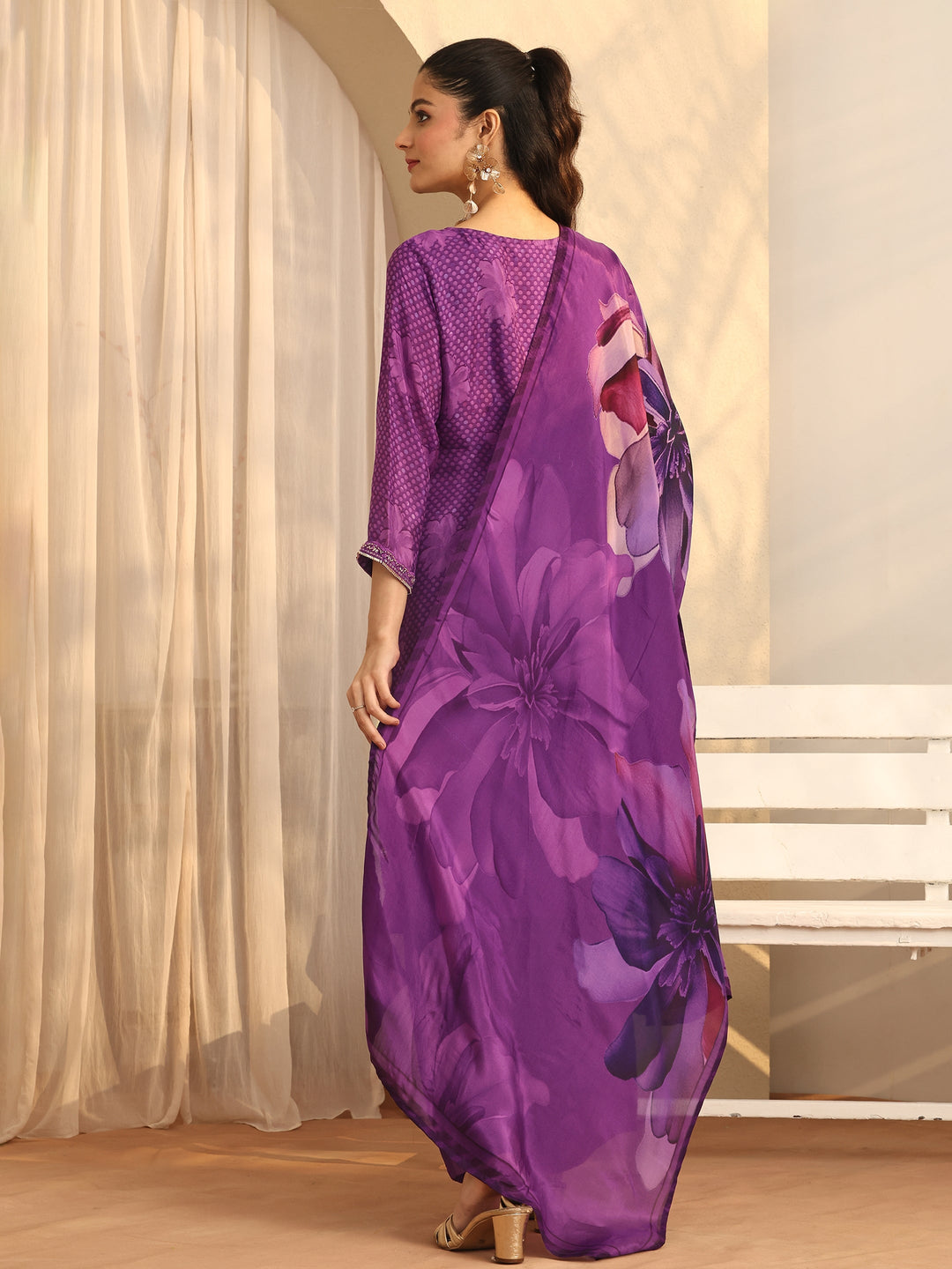 Libas Art Purple Printed Silk blend Straight Suit Set With Dupatta