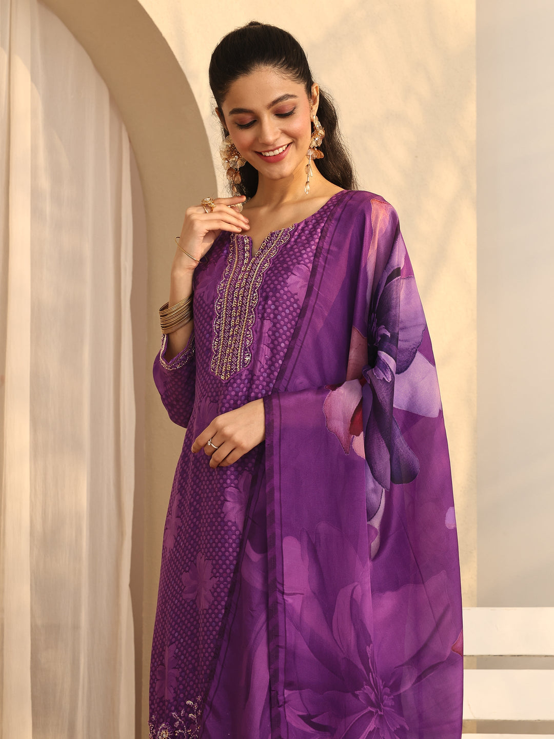 Libas Art Purple Printed Silk blend Straight Suit Set With Dupatta
