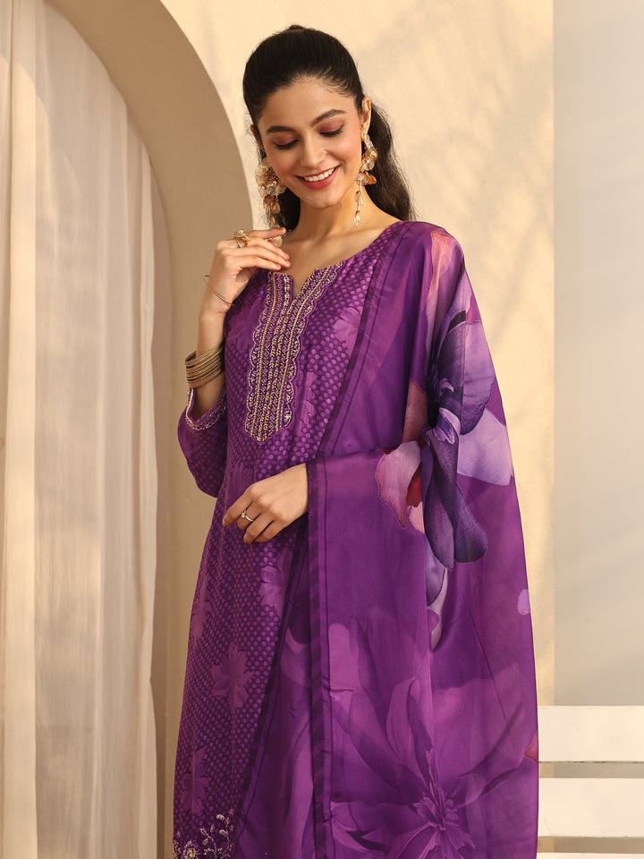 Libas Art Purple Printed Silk blend Straight Suit Set With Dupatta