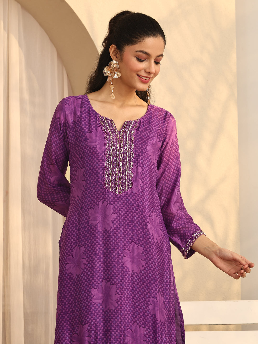 Libas Art Purple Printed Silk blend Straight Suit Set With Dupatta