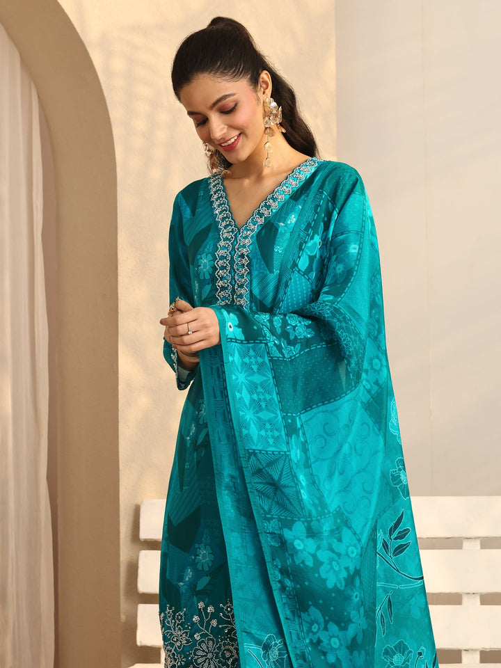 Libas Art Blue Printed Silk blend Straight Suit Set With Dupatta