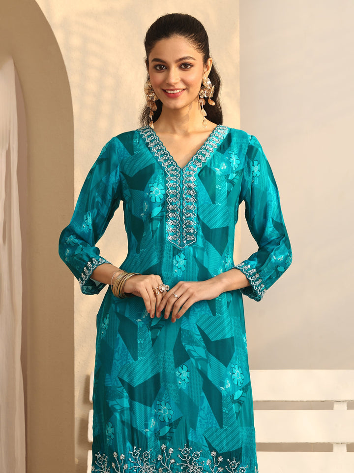 Libas Art Blue Printed Silk blend Straight Suit Set With Dupatta