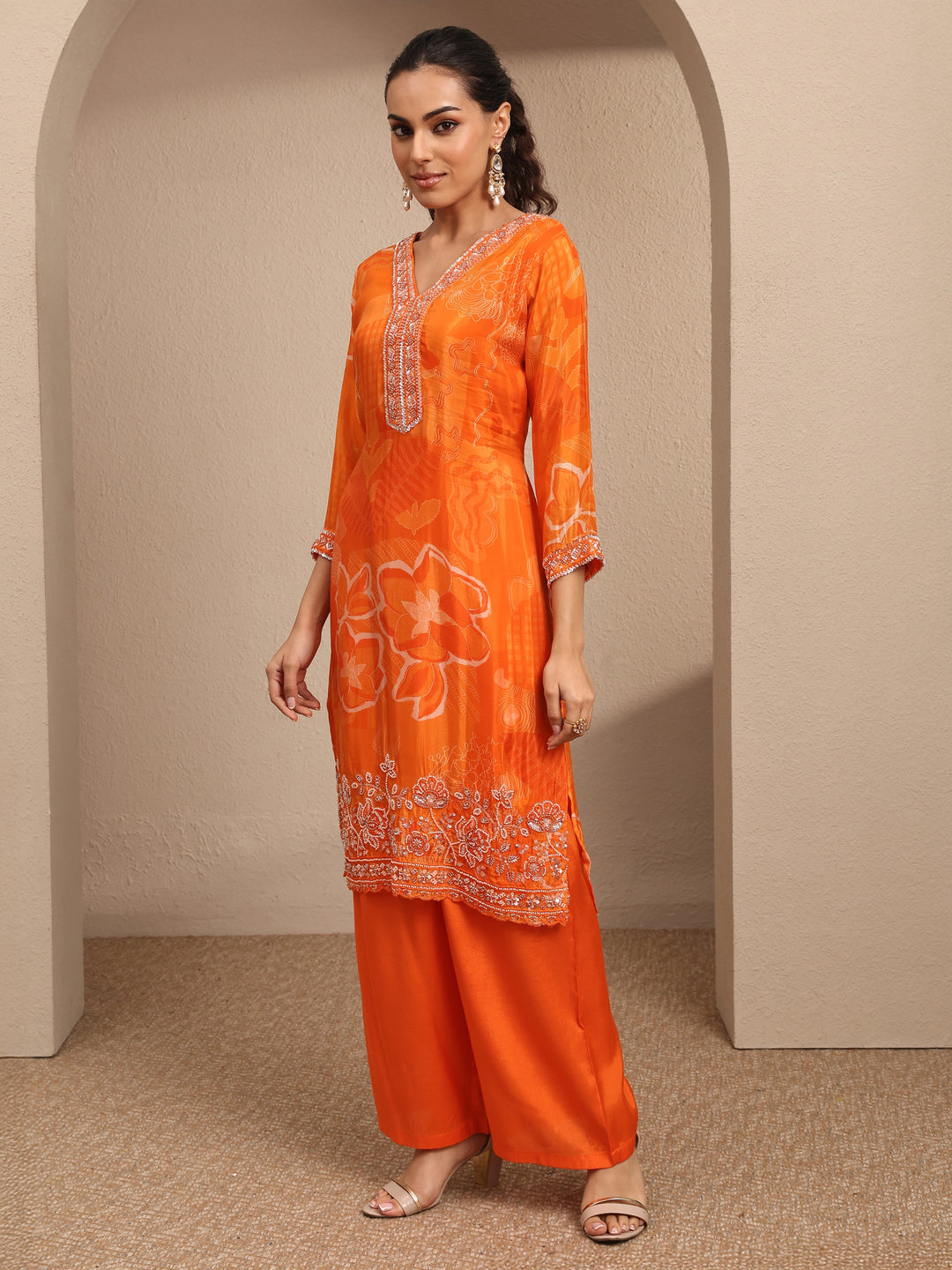 Libas Art Orange Embroidered Silk blend Straight Suit Set With Dupatta