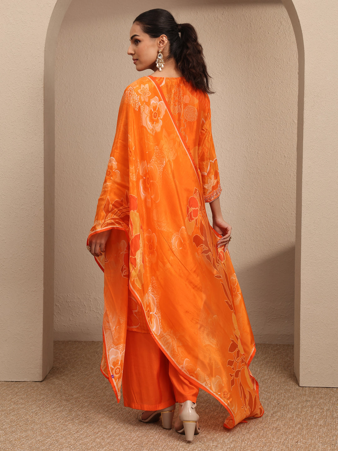 Libas Art Orange Embroidered Silk blend Straight Suit Set With Dupatta