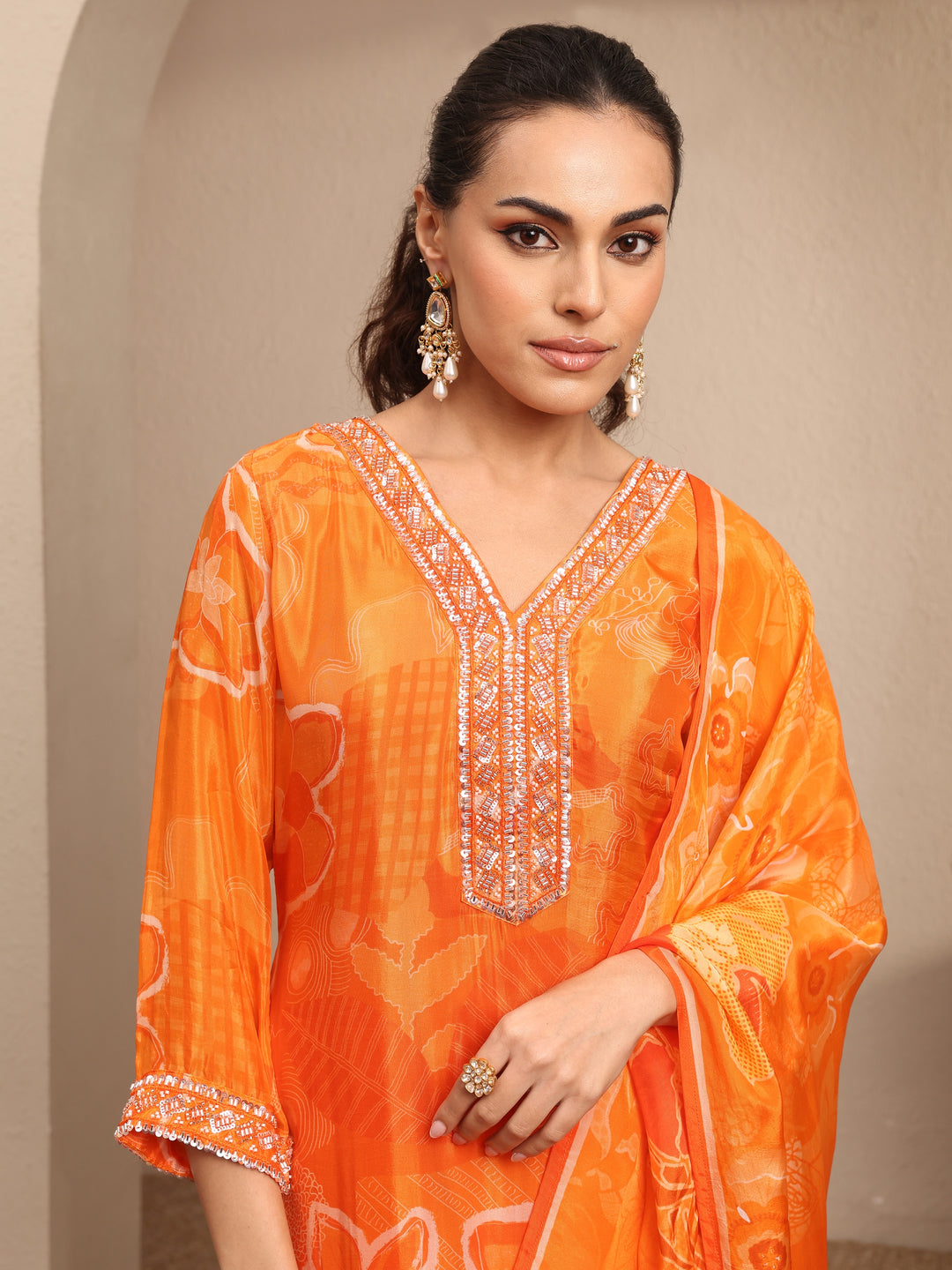 Libas Art Orange Embroidered Silk blend Straight Suit Set With Dupatta