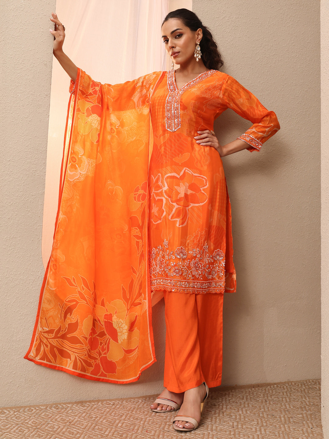 Libas Art Orange Embroidered Silk blend Straight Suit Set With Dupatta