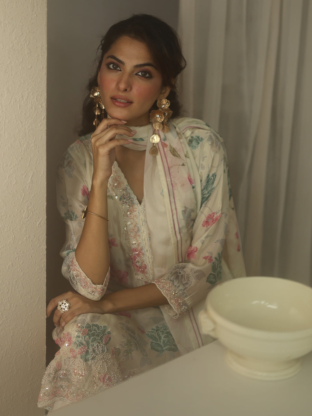 Libas Art Off White Printed Silk blend Straight Suit Set With Dupatta