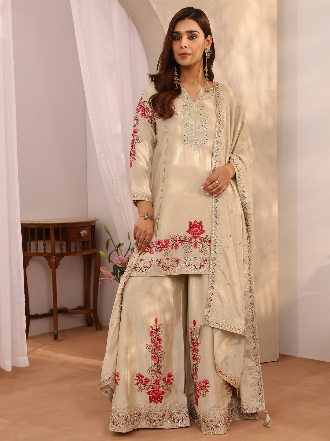 Libas Art Beige Embroidered Chinon Straight Suit Set With Dupatta