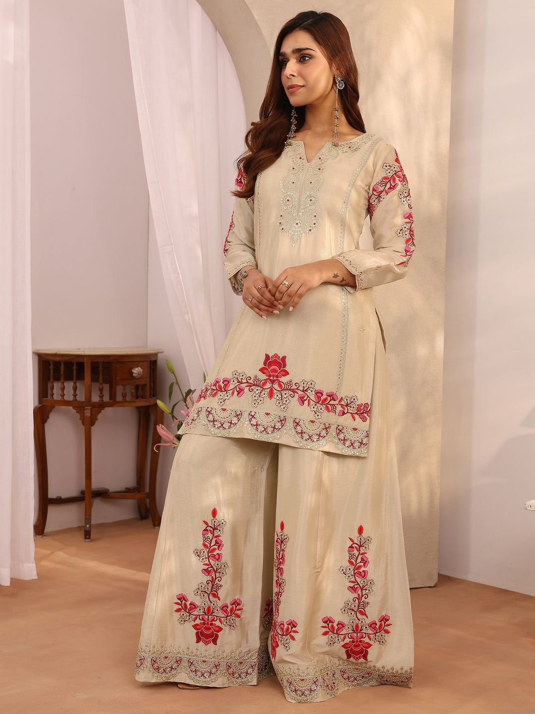 Libas Art Beige Embroidered Chinon Straight Suit Set With Dupatta