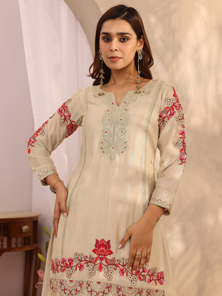 Libas Art Beige Embroidered Chinon Straight Suit Set With Dupatta