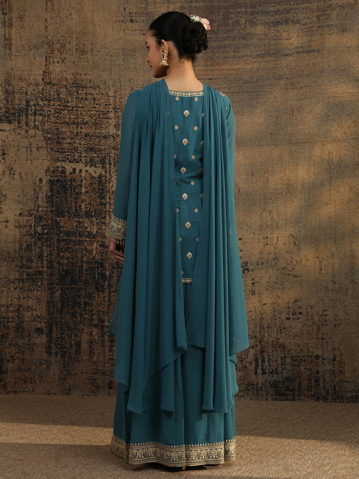 Libas Art Blue Embroidered Georgette Straight Suit Set With Dupatta