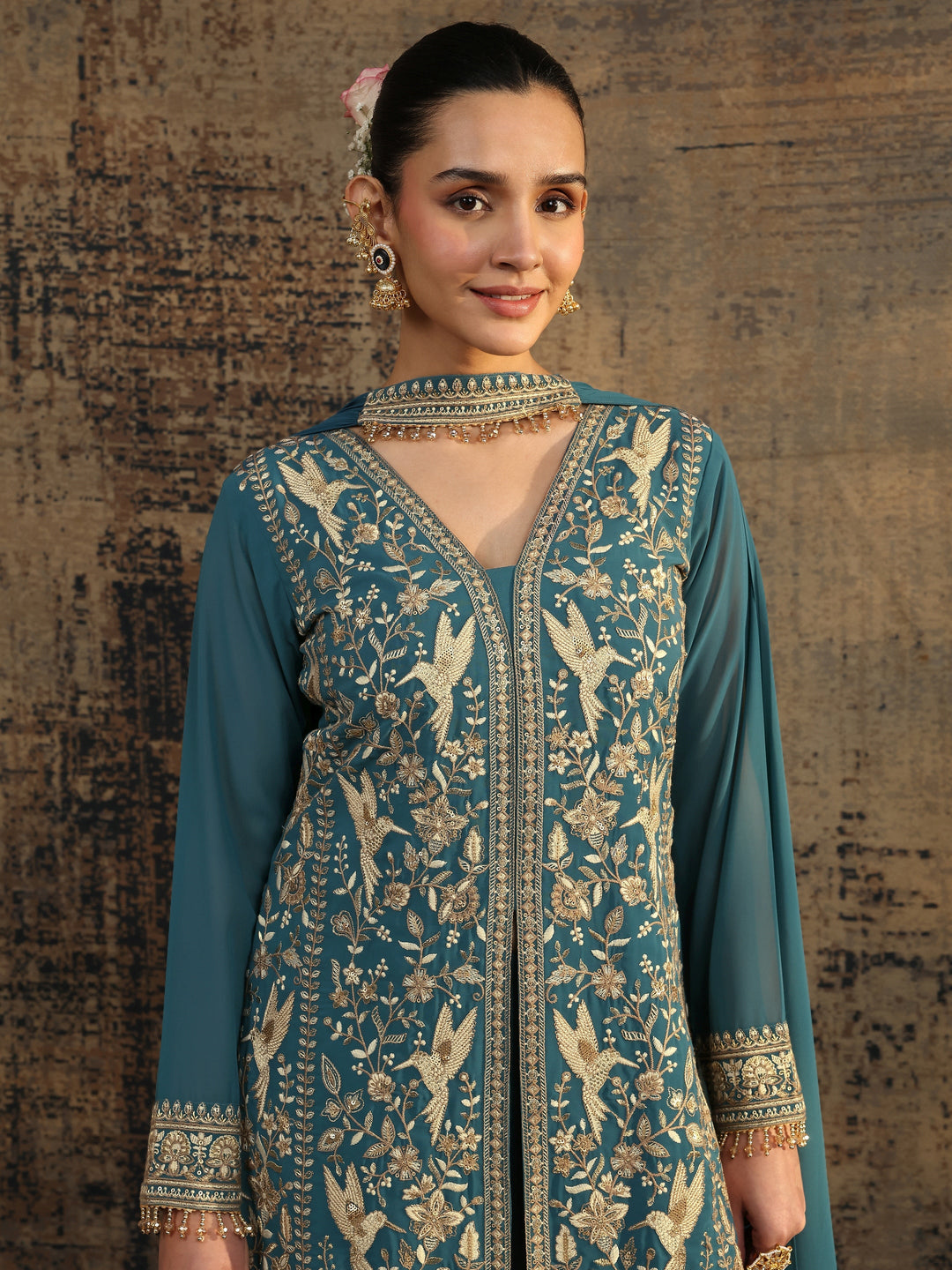 Libas Art Blue Embroidered Georgette Straight Suit Set With Dupatta