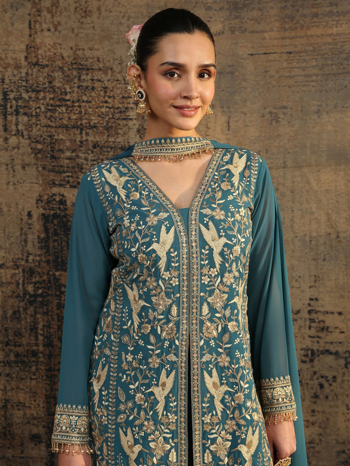 Libas Art Blue Embroidered Georgette Straight Suit Set With Dupatta
