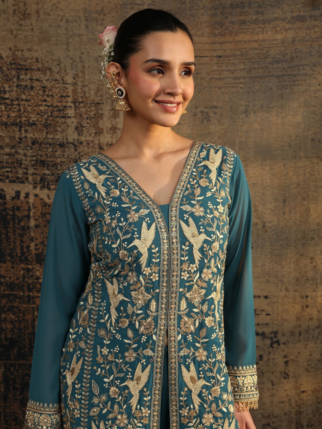 Libas Art Blue Embroidered Georgette Straight Suit Set With Dupatta