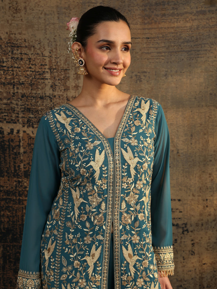 Libas Art Blue Embroidered Georgette Straight Suit Set With Dupatta