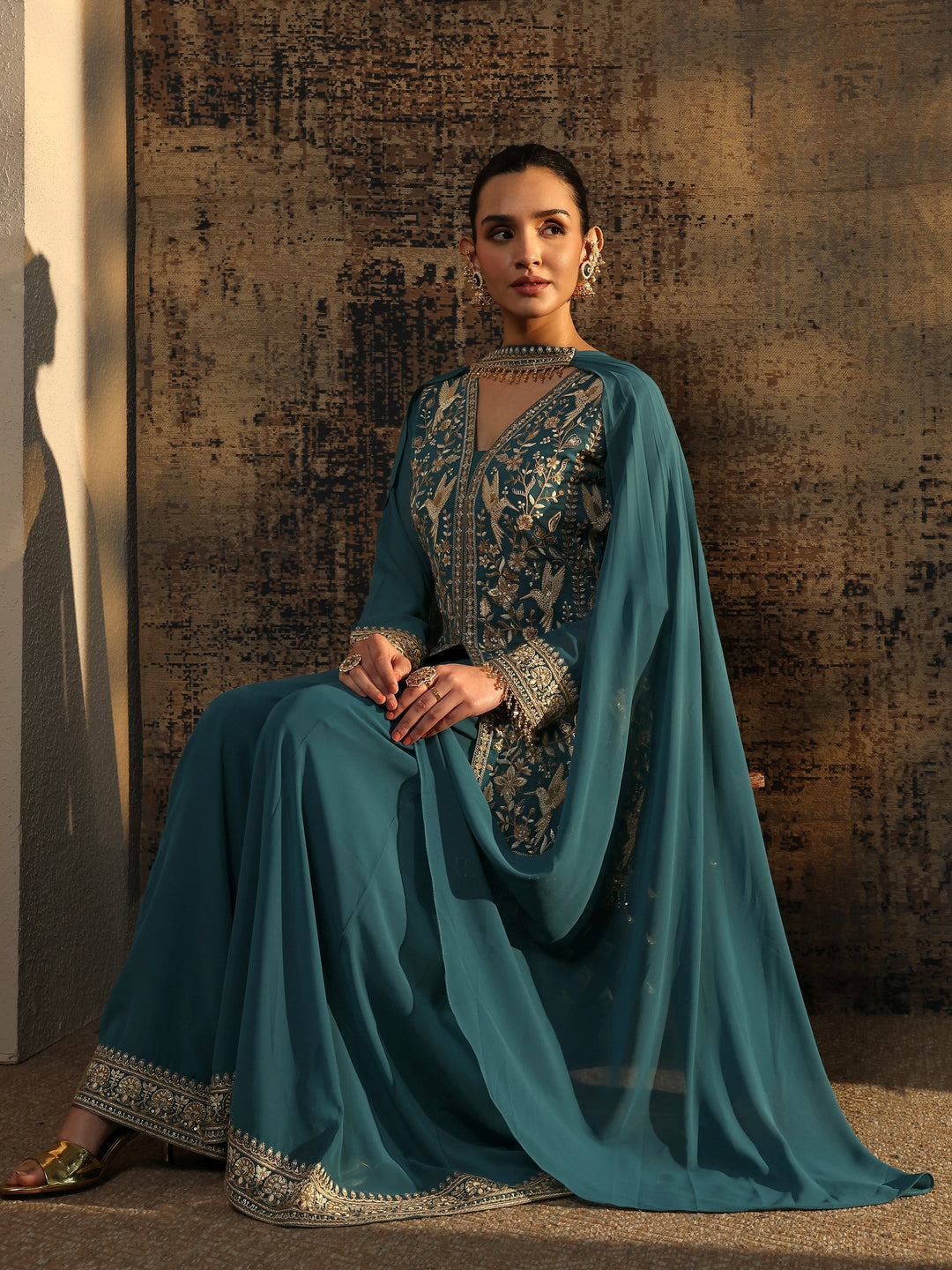 Libas Art Blue Embroidered Georgette Straight Suit Set With Dupatta