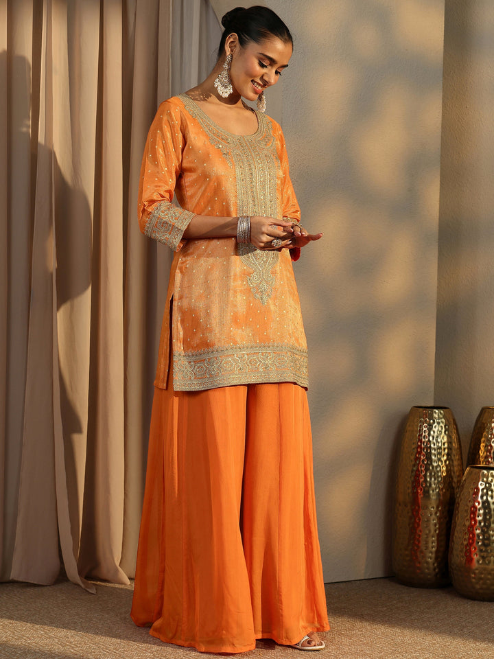 Libas Art Orange Embroidered Silk Blend Straight Suit Set With Dupatta