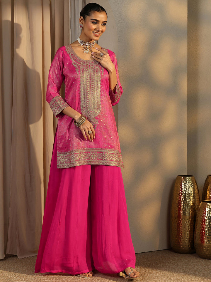 Libas Art Pink Embroidered Silk Blend Straight Suit Set With Dupatta