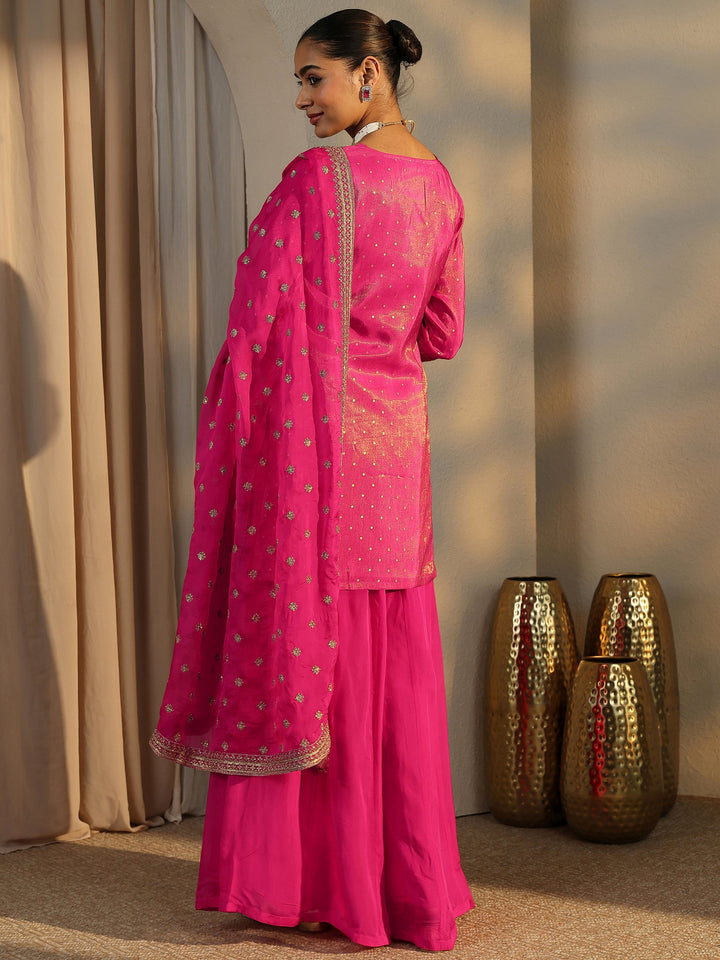 Libas Art Pink Embroidered Silk Blend Straight Suit Set With Dupatta