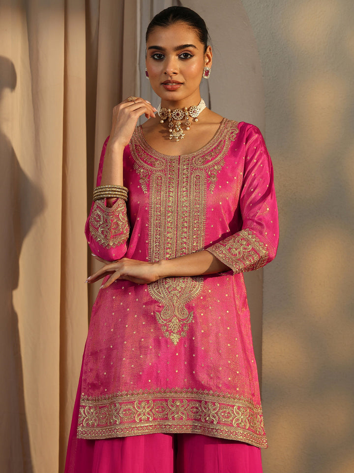 Libas Art Pink Embroidered Silk Blend Straight Suit Set With Dupatta