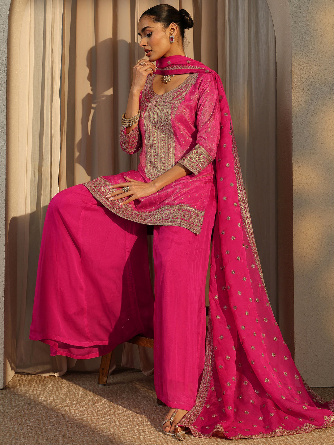 Libas Art Pink Embroidered Silk Blend Straight Suit Set With Dupatta