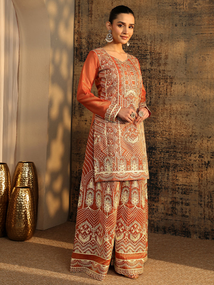 Libas Art Rust Embroidered Silk Blend Straight Suit Set With Dupatta