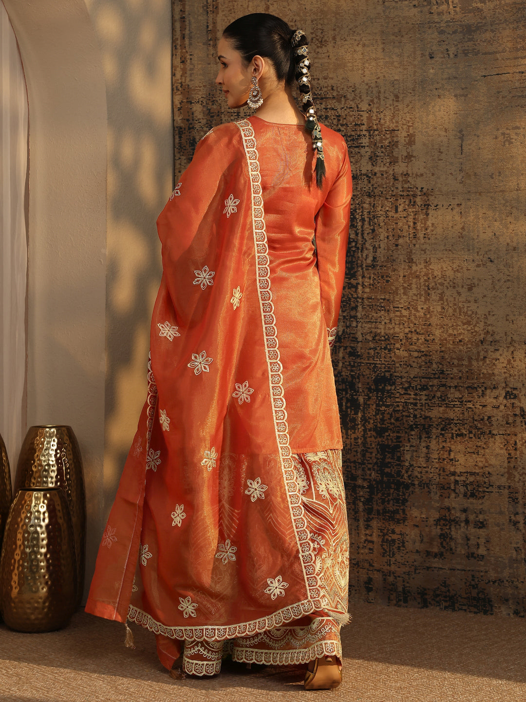 Libas Art Rust Embroidered Silk Blend Straight Suit Set With Dupatta