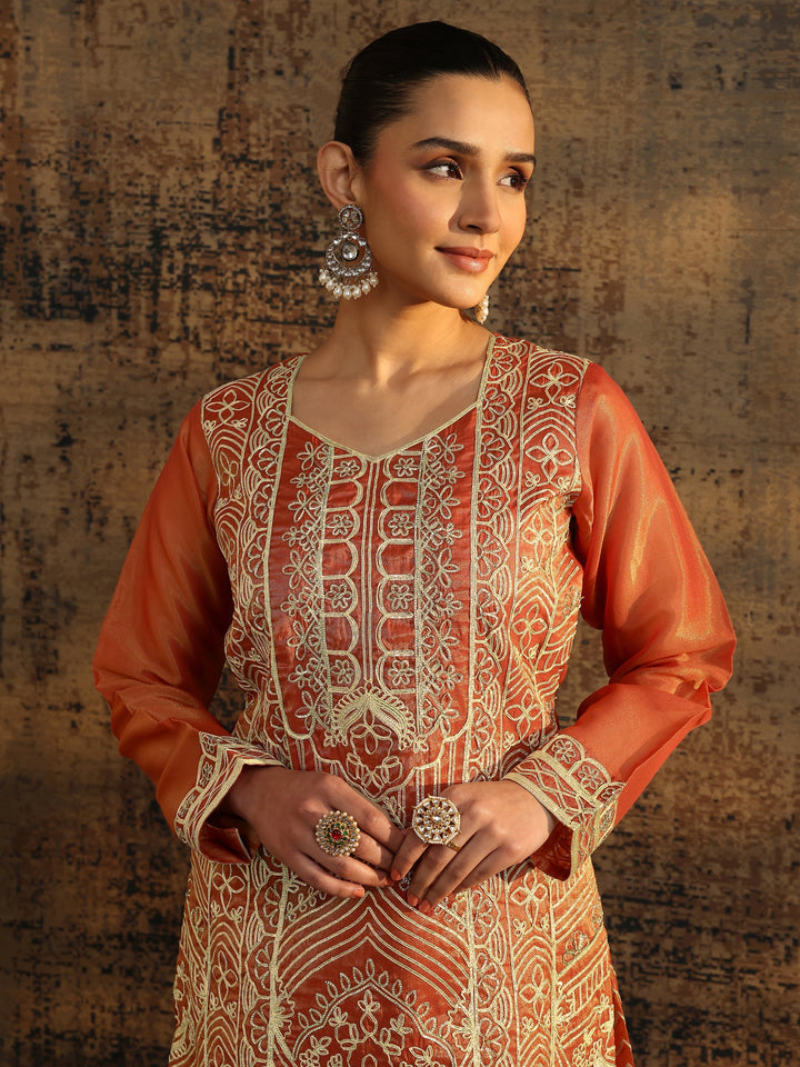 Libas Art Rust Embroidered Silk Blend Straight Suit Set With Dupatta