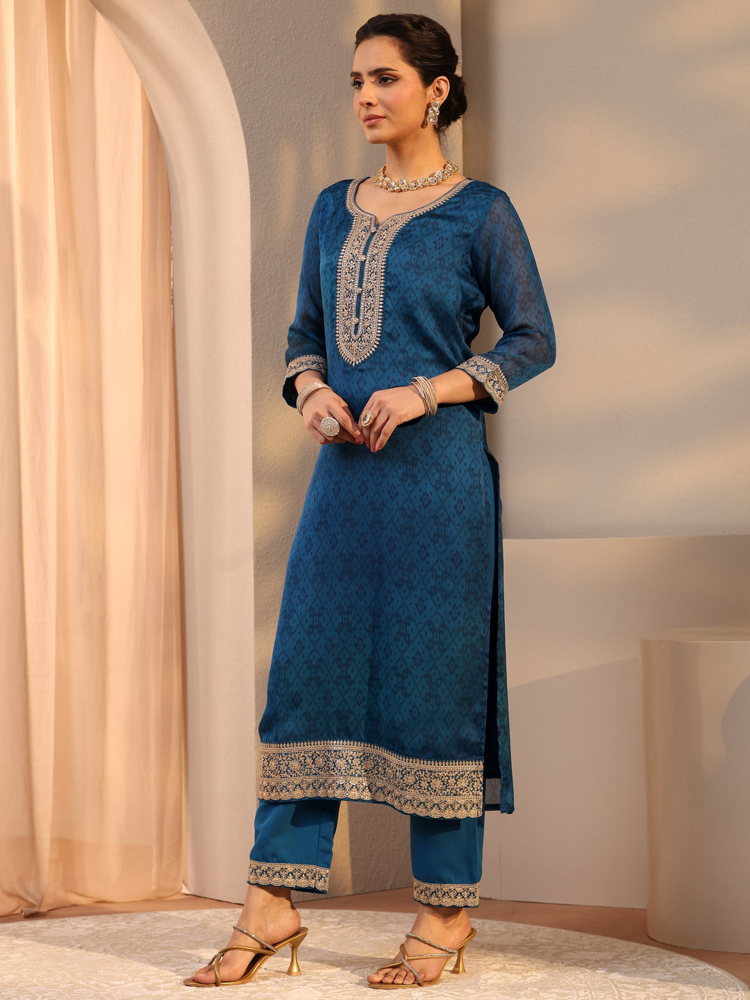 Teal Embroidered Chiffon Straight Suit Set With Dupatta