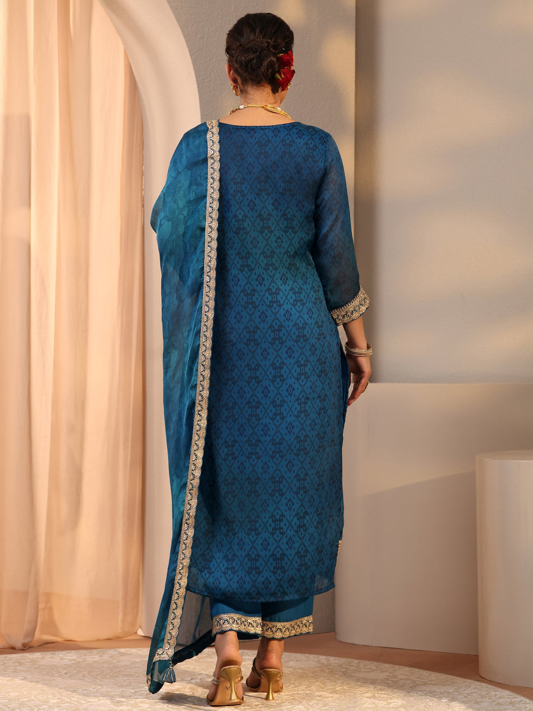 Teal Embroidered Chiffon Straight Suit Set With Dupatta
