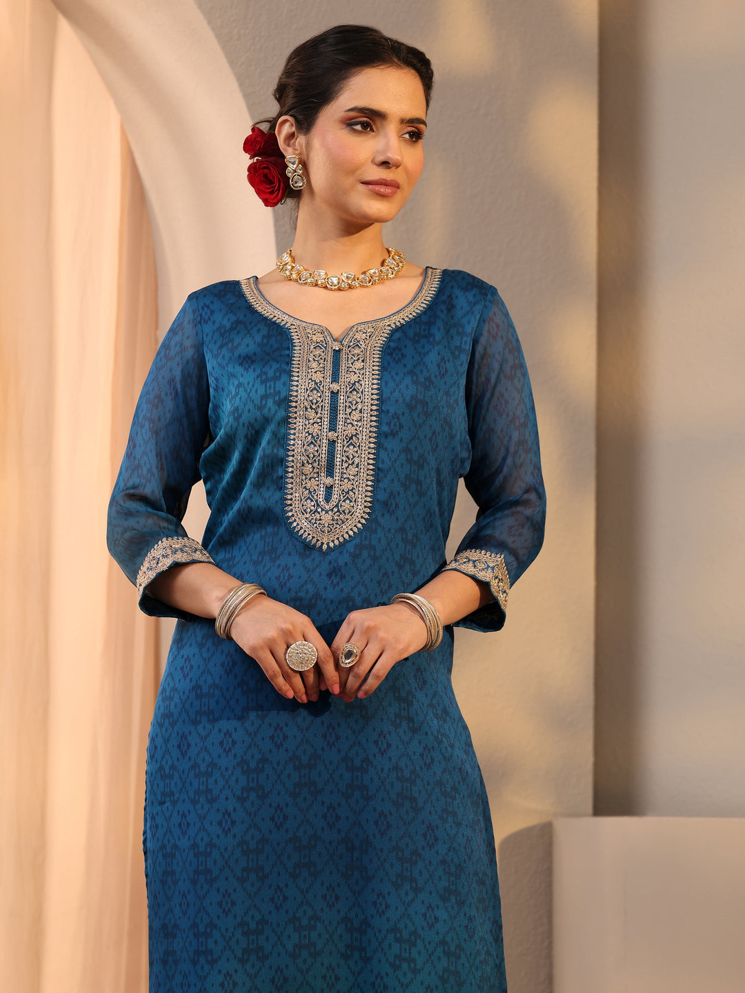 Teal Embroidered Chiffon Straight Suit Set With Dupatta