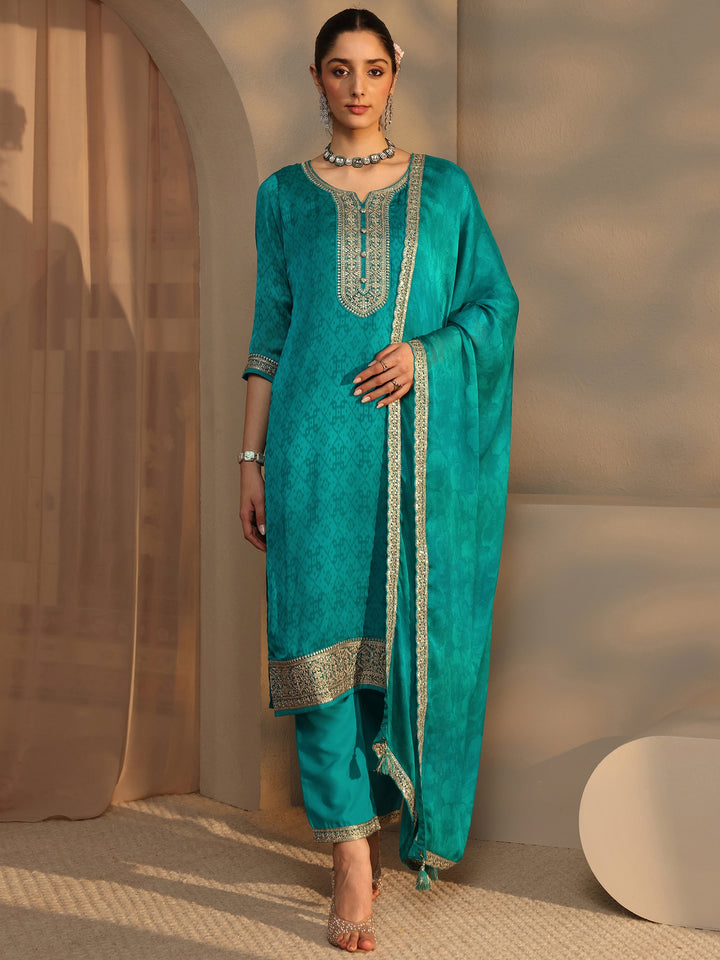 Green Embroidered Chiffon Straight Suit Set With Dupatta