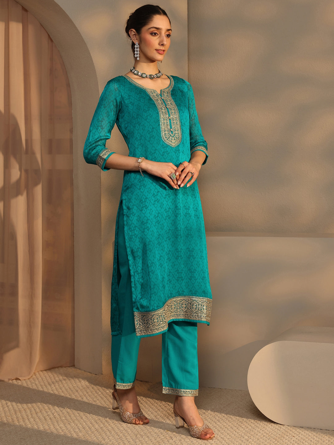 Green Embroidered Chiffon Straight Suit Set With Dupatta