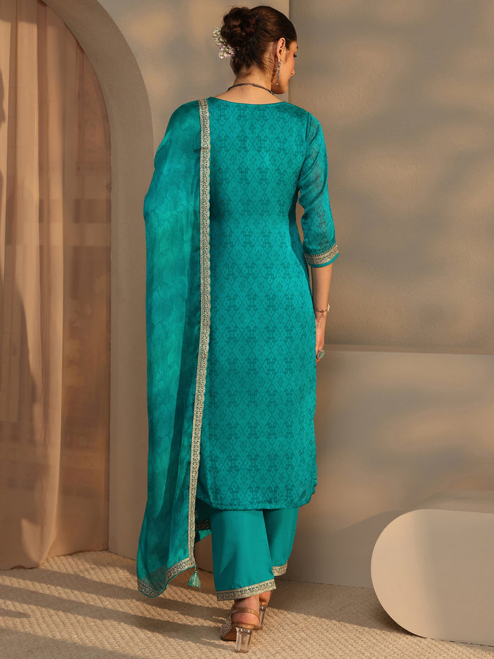 Green Embroidered Chiffon Straight Suit Set With Dupatta