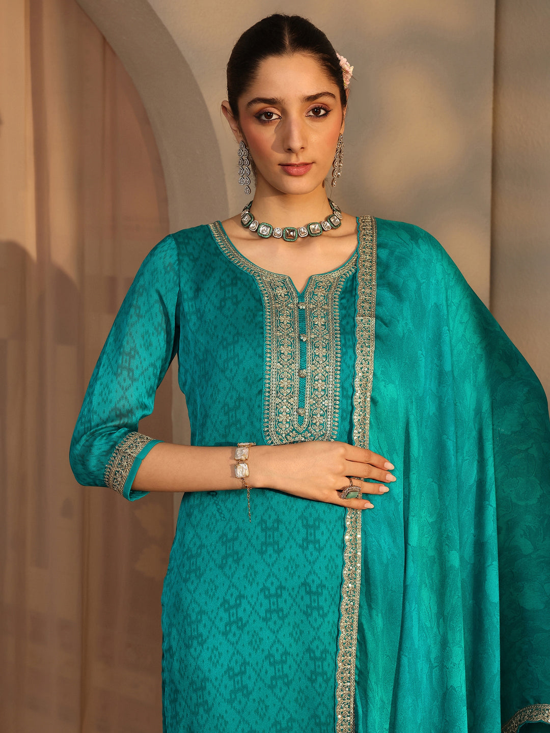 Green Embroidered Chiffon Straight Suit Set With Dupatta