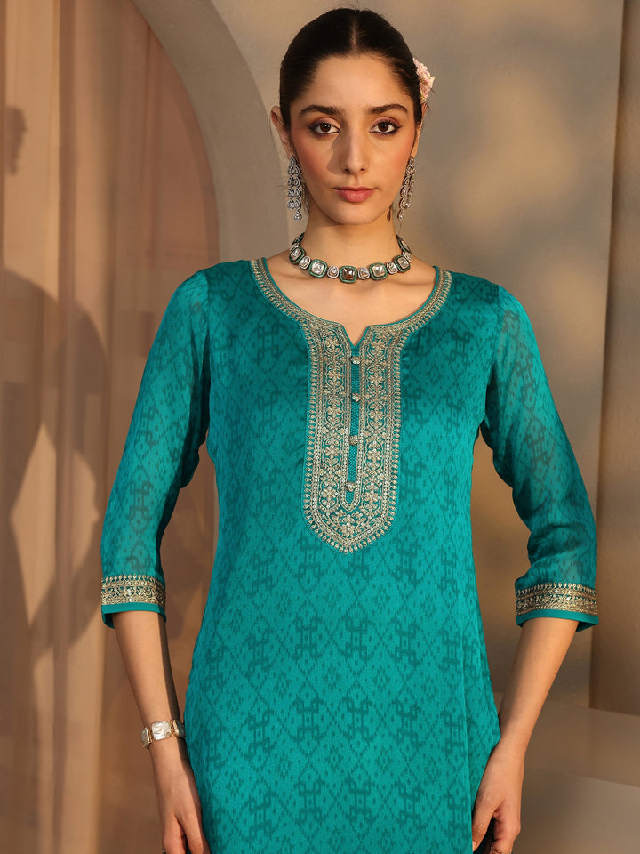 Green Embroidered Chiffon Straight Suit Set With Dupatta