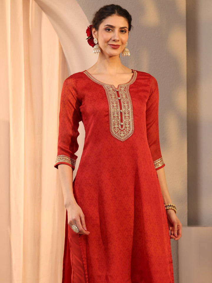 Red Floral Yoke Design Chiffon Straight Suit Set With Dupatta