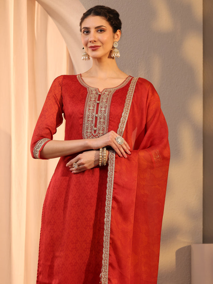 Red Floral Yoke Design Chiffon Straight Suit Set With Dupatta
