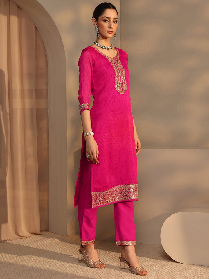 Pink Embroidered Chiffon Straight Suit Set With Dupatta