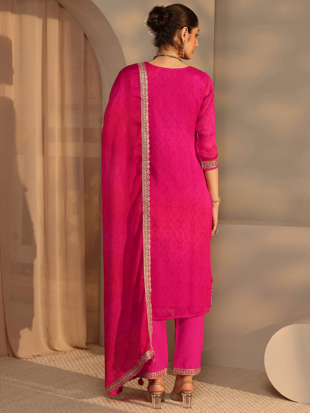 Pink Embroidered Chiffon Straight Suit Set With Dupatta