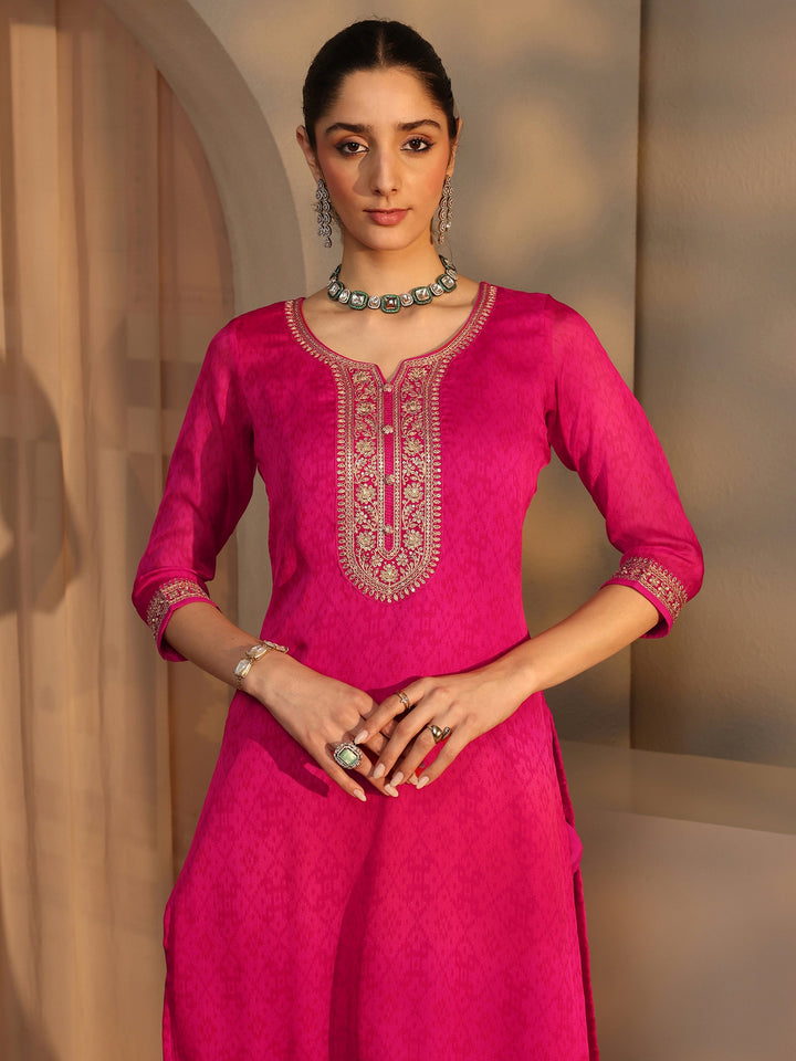 Pink Embroidered Chiffon Straight Suit Set With Dupatta