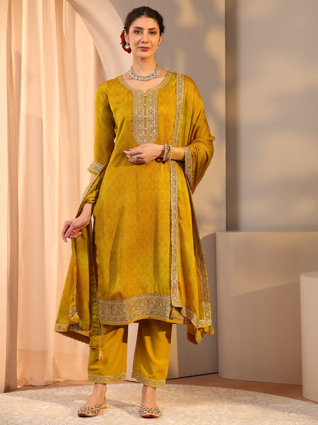 Mustard Embroidered Chiffon Straight Suit Set With Dupatta