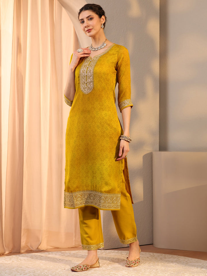 Mustard Embroidered Chiffon Straight Suit Set With Dupatta