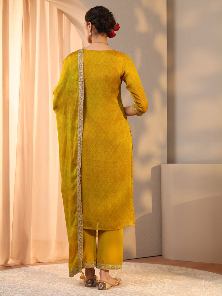 Mustard Embroidered Chiffon Straight Suit Set With Dupatta