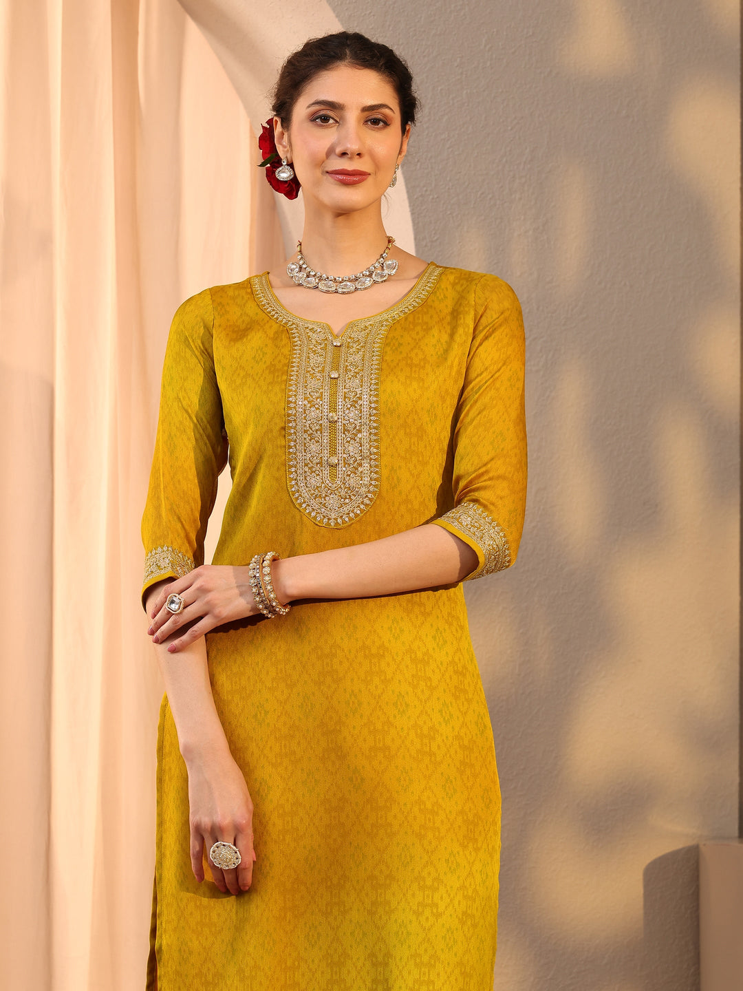 Mustard Embroidered Chiffon Straight Suit Set With Dupatta