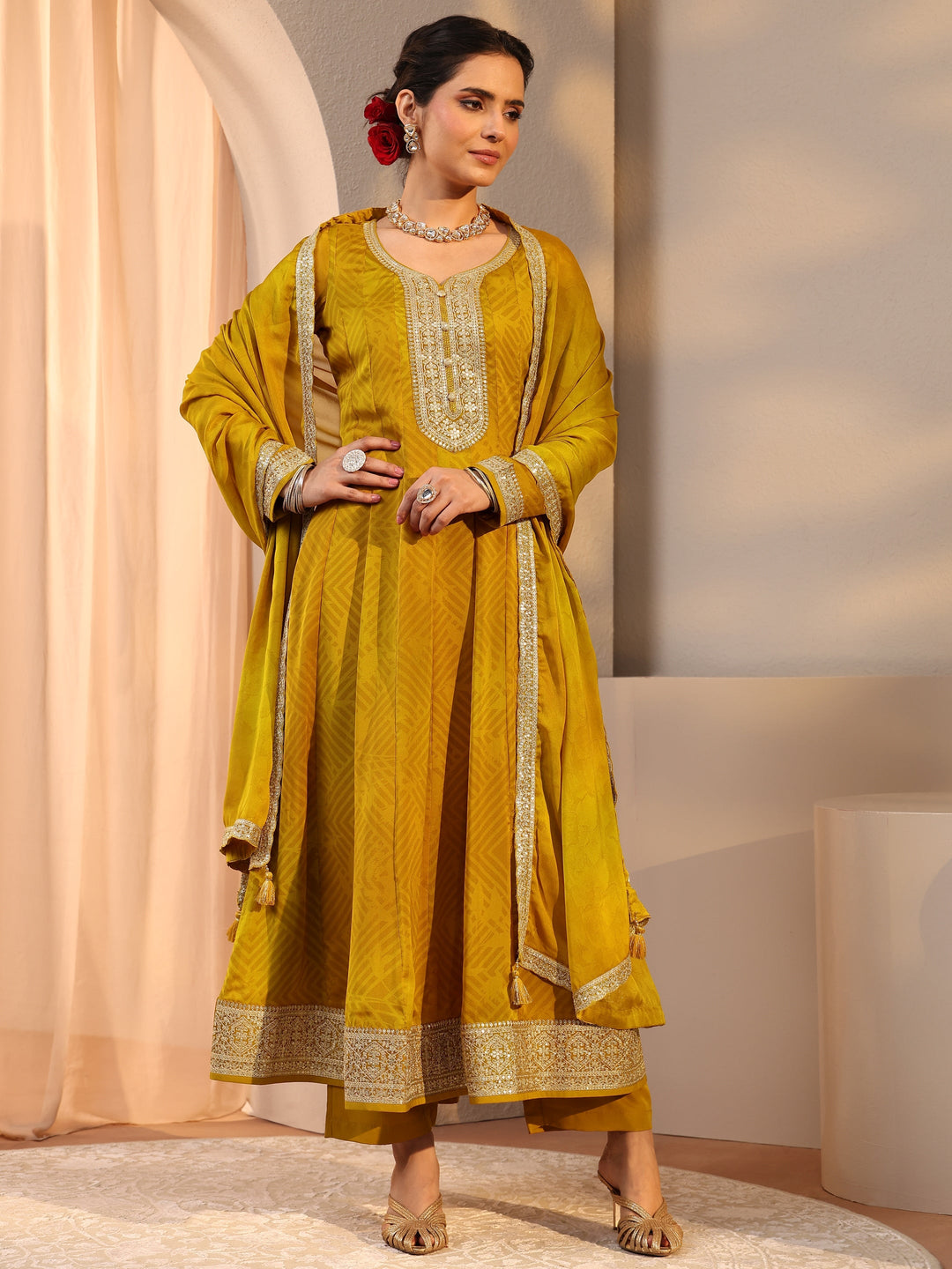 Mustard Embroidered Chiffon Anarkali Suit Set With Dupatta