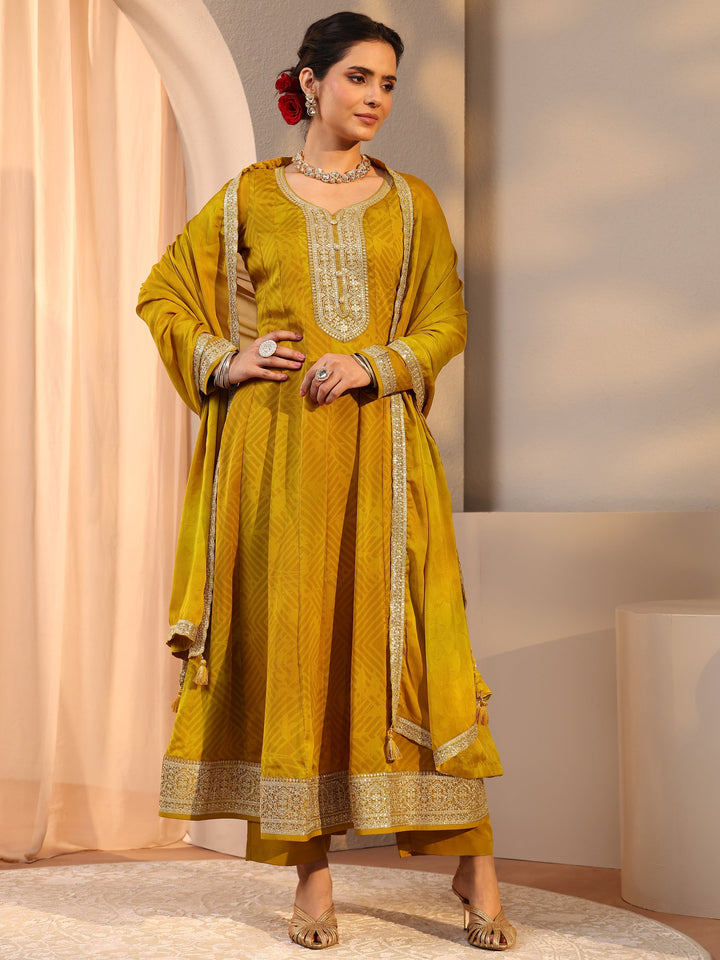 Mustard Embroidered Chiffon Anarkali Suit Set With Dupatta