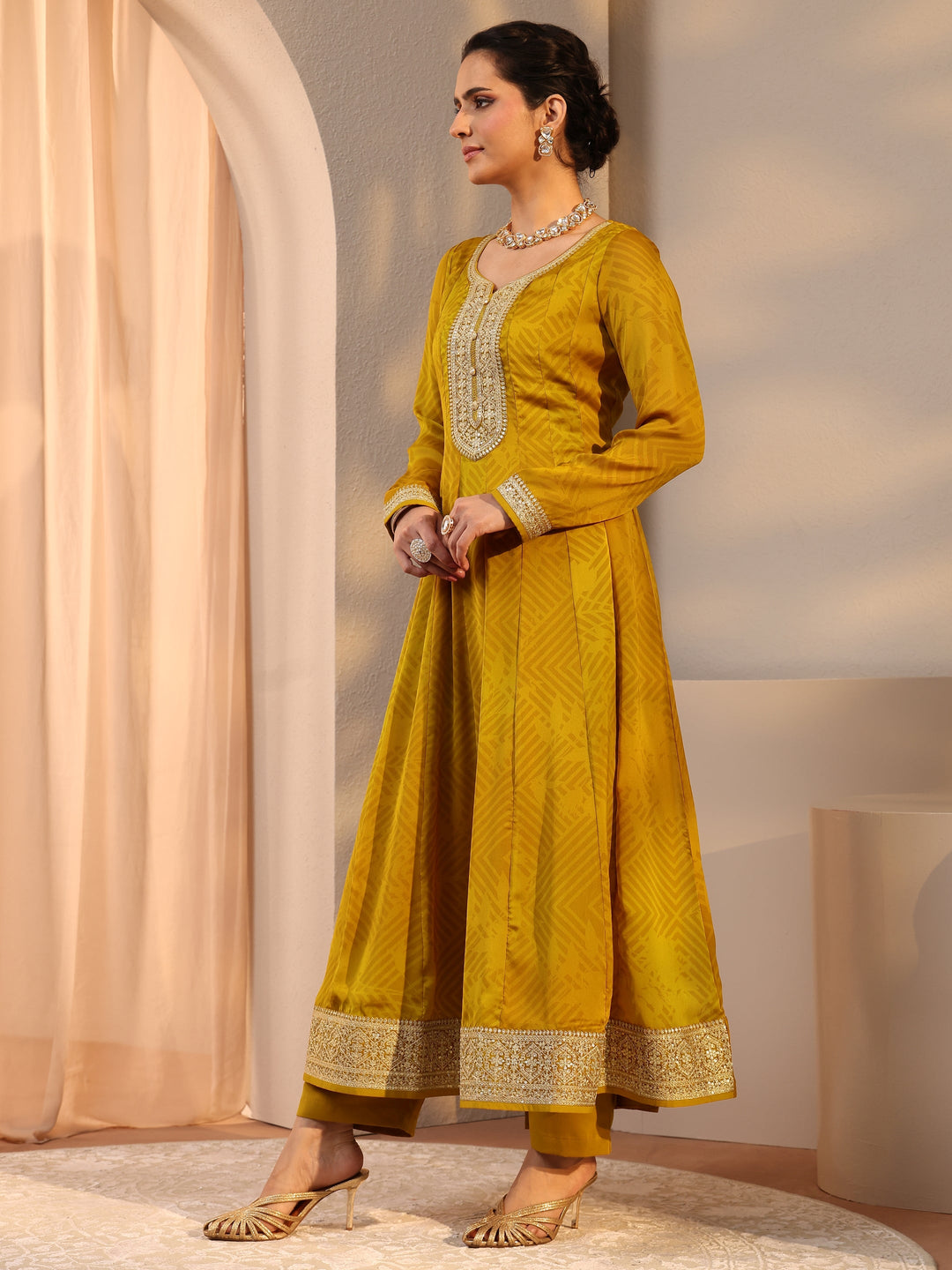 Mustard Embroidered Chiffon Anarkali Suit Set With Dupatta